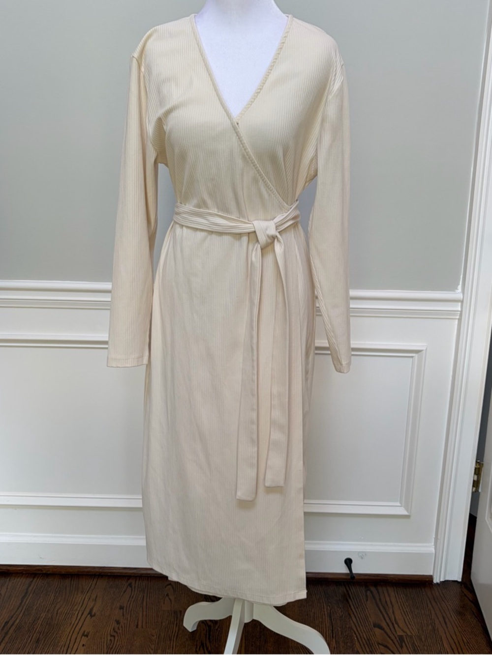 The Drop Cotton Blend Long Sleeve Cream Wrap Midi Dress M